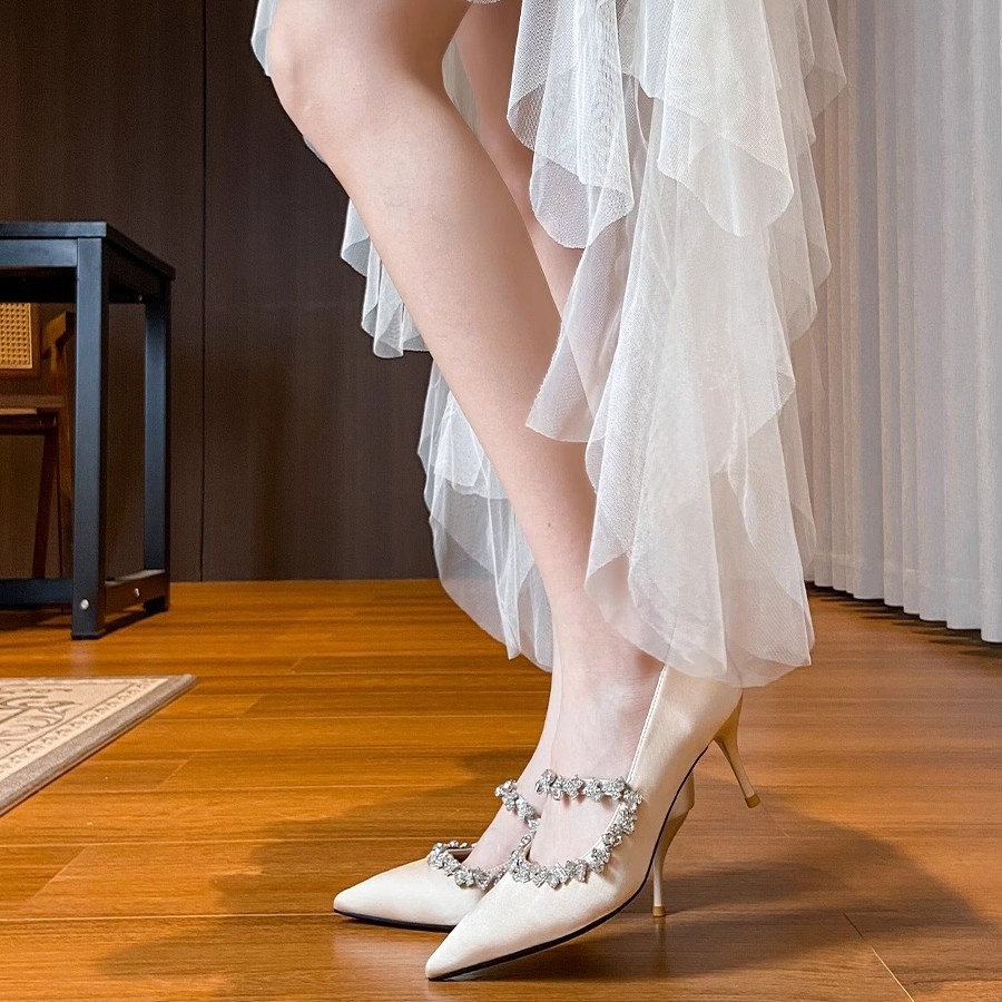 French Beautiful Wedding Shoes Rhinestone Pointed Toe Nude Color foto 4