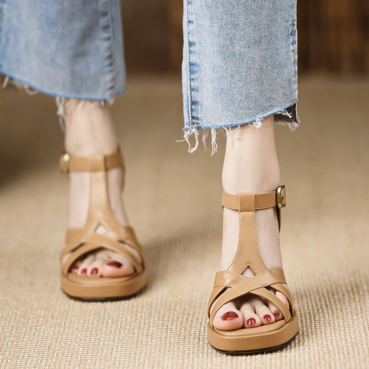 One-strap Square Toe Waterproof Platform Thick Heel High Heels foto 2