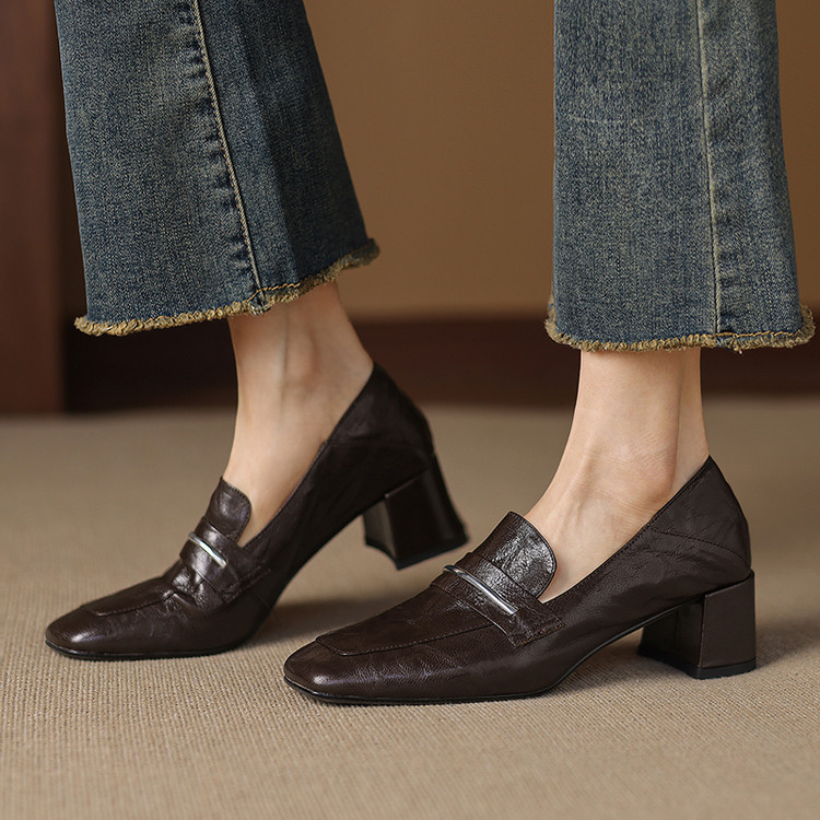 Womens Solid-color Square-toe Chunky-heel Sheepskin High Heels foto 2
