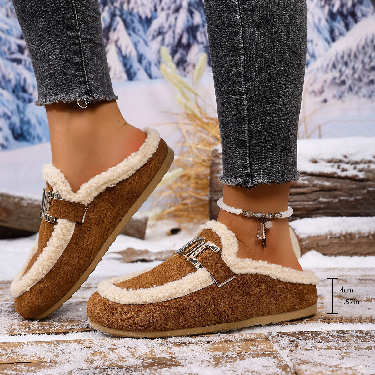 Women's Flat Lamb Wool Slippers Winter New Birkenstock Closed Toe Fluffy Shoes Lazy Cotton Slippers foto 2
