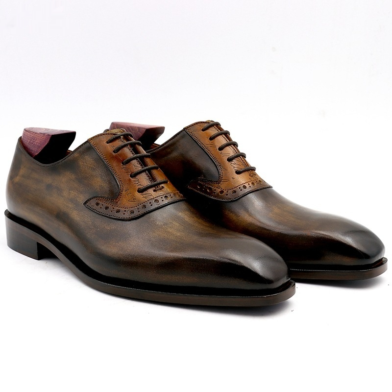 Cowhide Colorblock Handmade Calfskin Sole Lace Up Breathable Men's Shoes foto 2