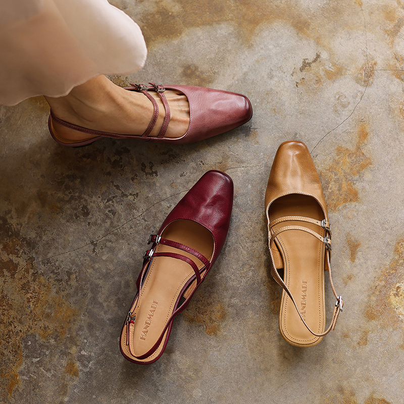 Women's Handmade Washed Full-Grain Leather Slingback Mary Jane Sandals, Vintage Square Toe Double Strap Buckle Low Wedge Heel Shoes foto 4