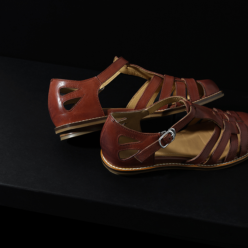 Women's Premium Washed Full Grain Leather Fisherman Sandals, Closed-Toe Woven T-Strap Flats foto 3