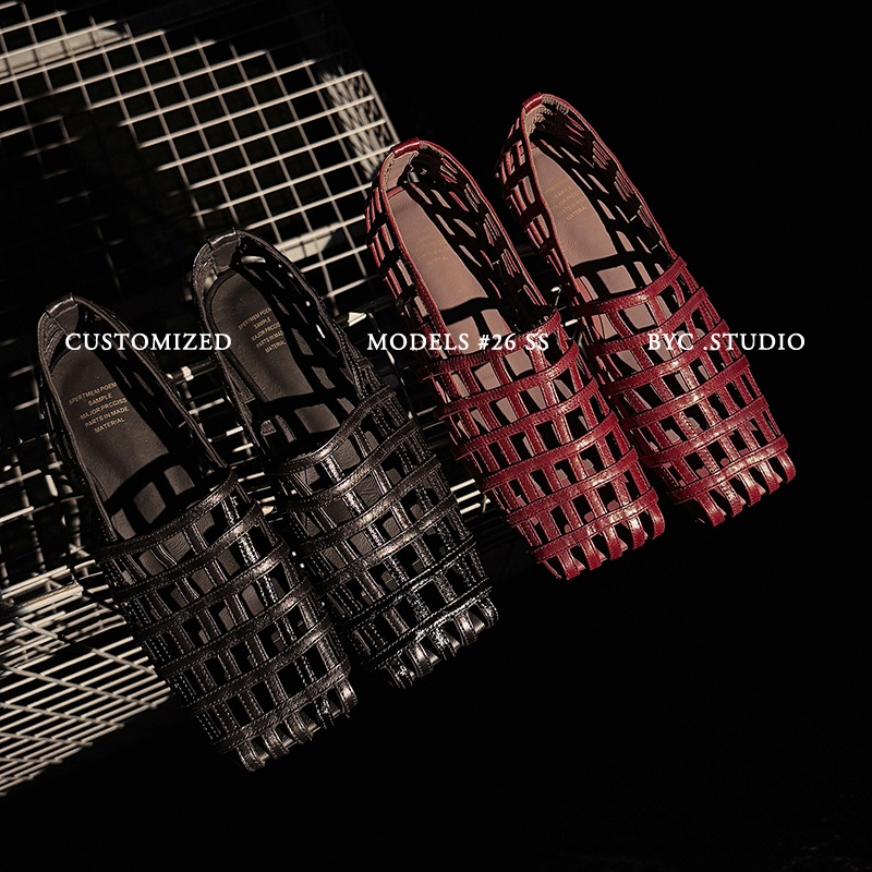 Women's Handmade Full-Grain Leather Woven Caged Flat Sandals, Square Toe Sheepskin Lined Retro Shoes foto 5