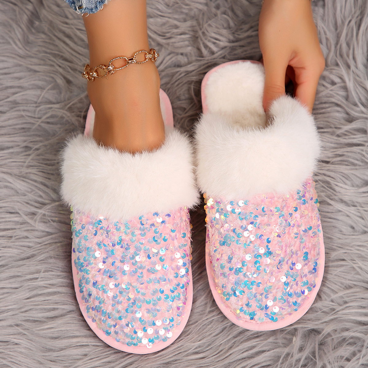 Sequin Flat Plush Slippers For Women foto 4