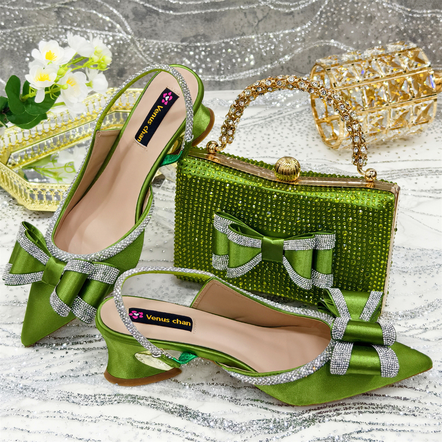 Women's Pointed Sandals Rhinestone Matching Square Rhinestone Bag foto 3