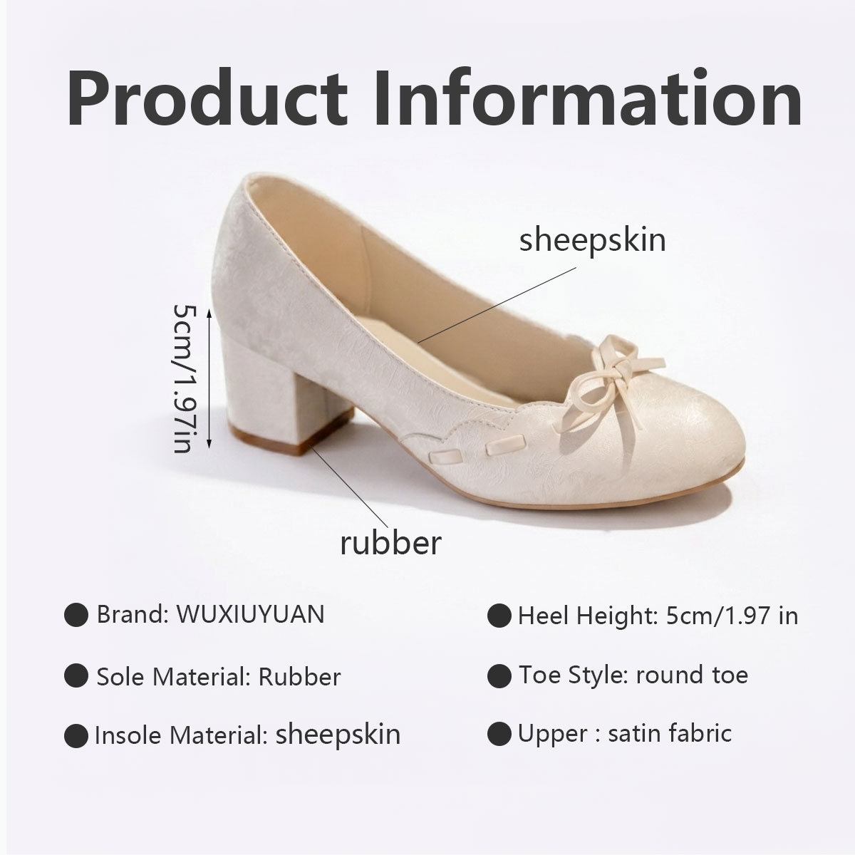 Gentle Satin Bow Block Heel Pumps, Ivory Jacquard Slip-On Shoes For Work & Parties foto 4