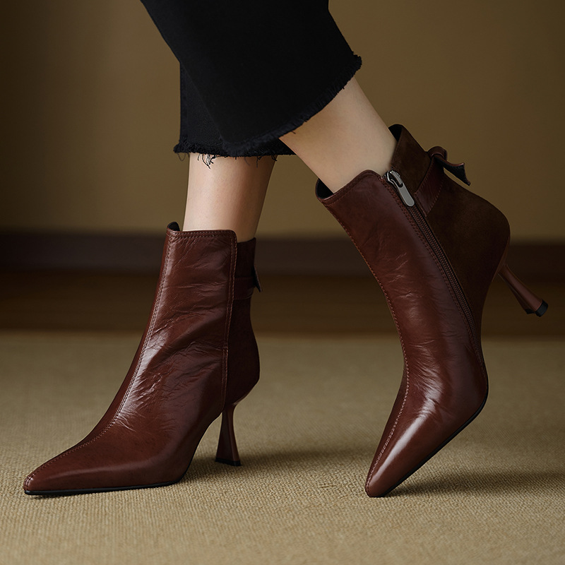Autumn And Winter New French Retro Bow Spliced High Heels foto 2