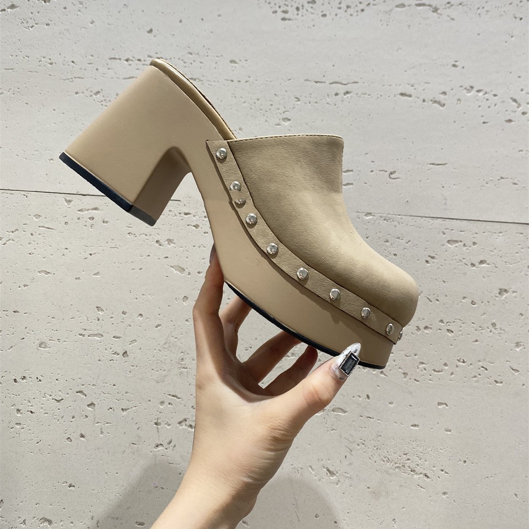 Deep Mouth Thick High Heel Matte Leather Rivet Fashion Closed Toe Half Slippers foto 3