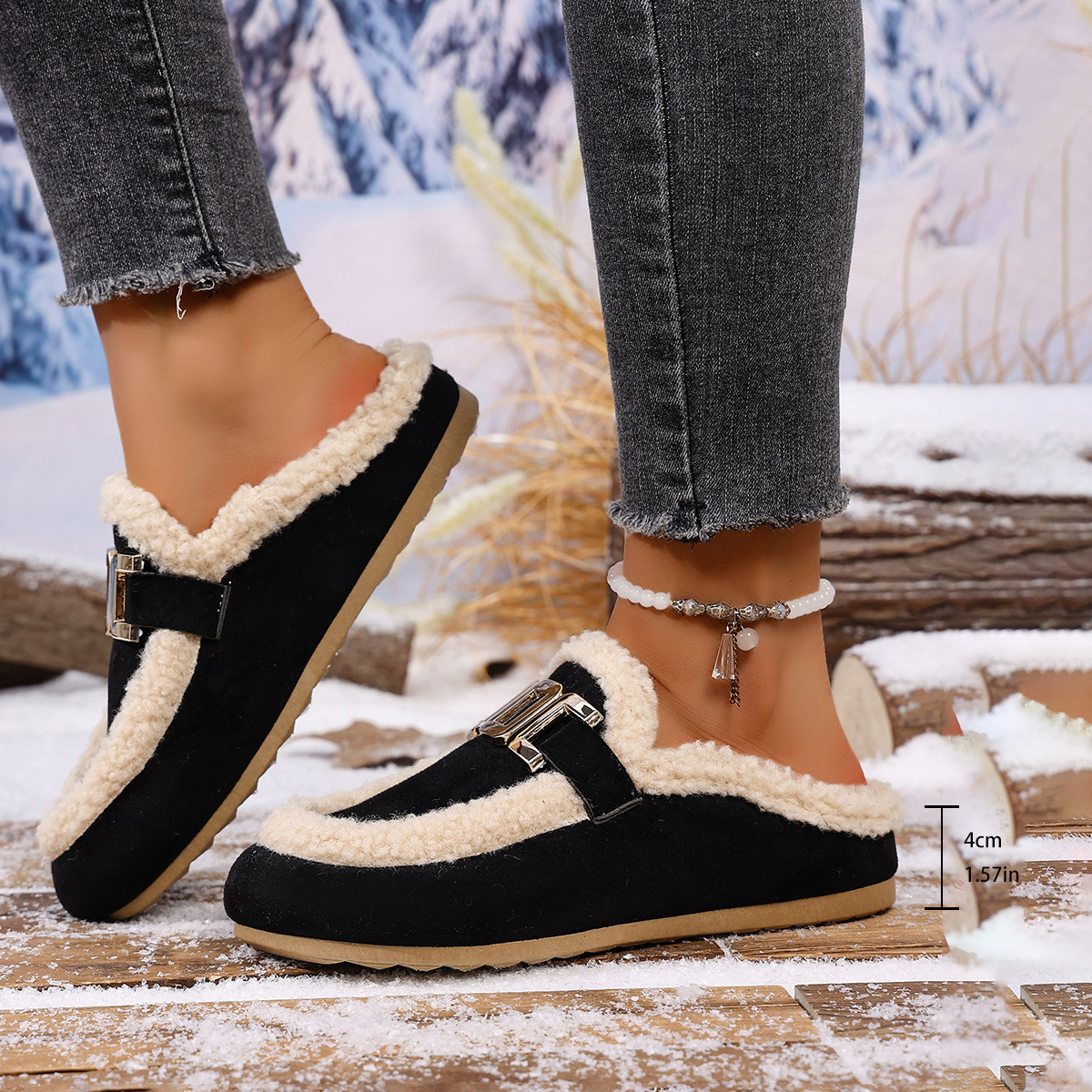 Women's Flat Lamb Wool Slippers Winter New Birkenstock Closed Toe Fluffy Shoes Lazy Cotton Slippers foto 3