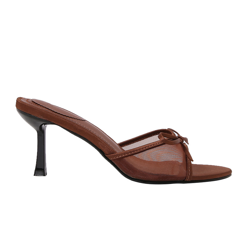 Womens Brown Mesh Sandals With Bow Detail And High Heel foto 2