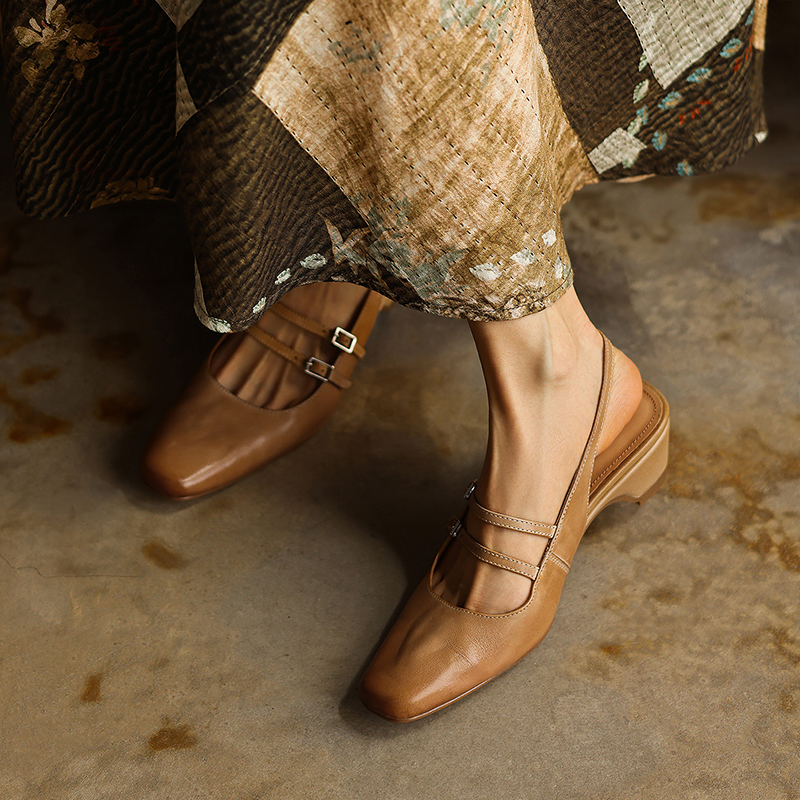 Women's Handmade Washed Full-Grain Leather Slingback Mary Jane Sandals, Vintage Square Toe Double Strap Buckle Low Wedge Heel Shoes foto 3