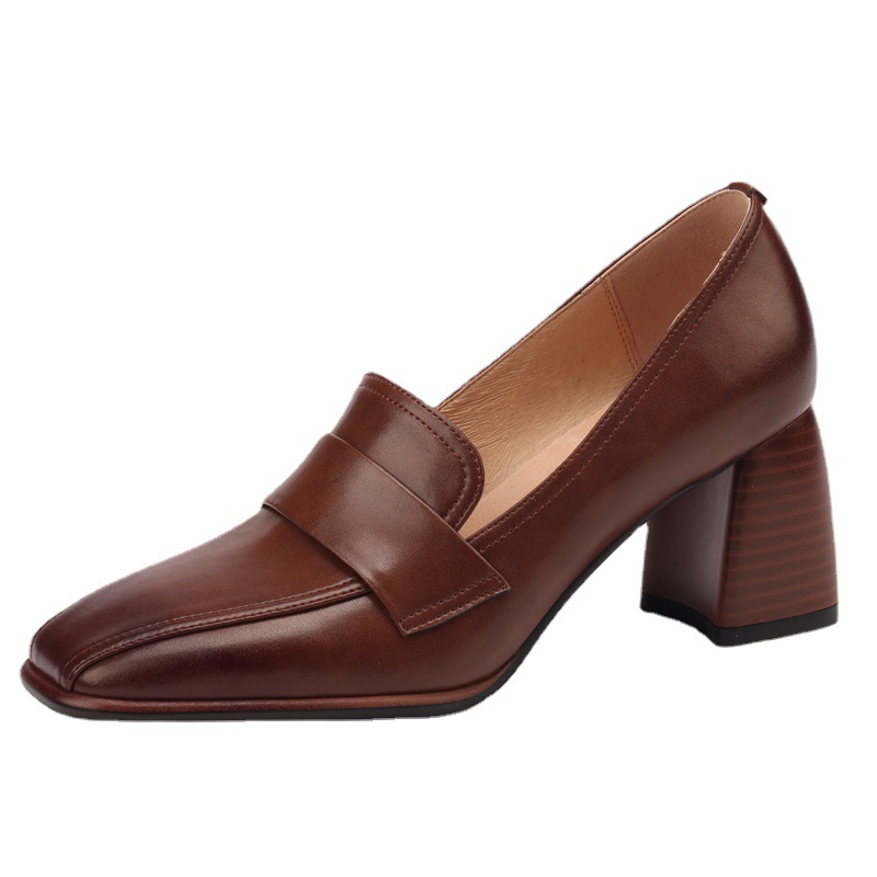 Retro Brown Chunky-Heel Pumps Women's Sheepskin foto 3