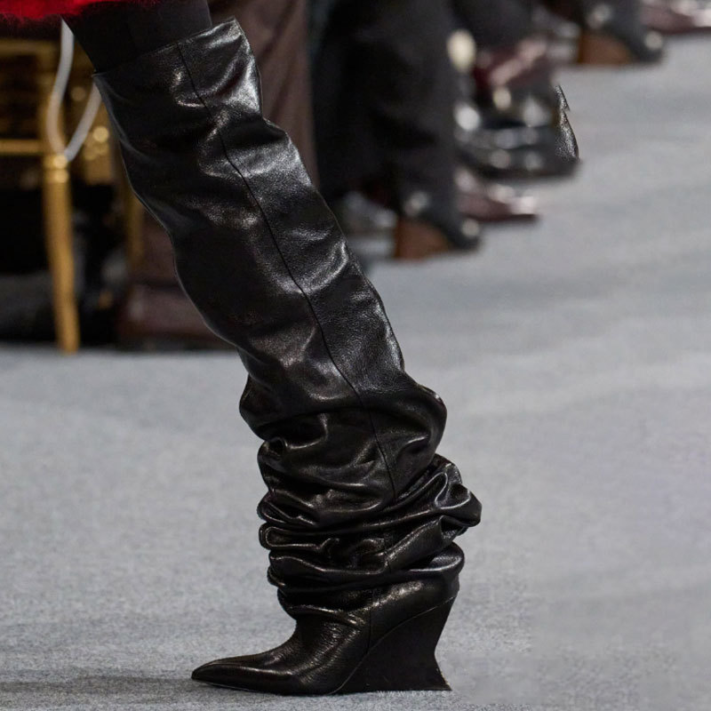 Catwalk Pleated Over-the-knee Boots Female Pointed Toe Wedge High-heel Boots foto 2