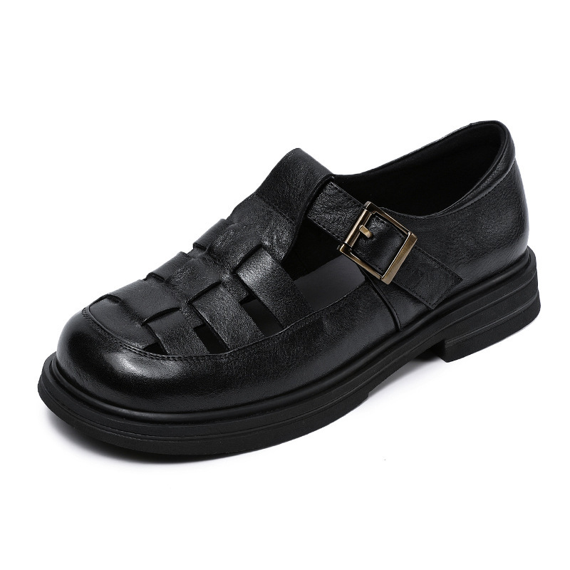 Genuine Leather Pitcher Plant Shoes Women's Round Head Hollow Flat foto 3