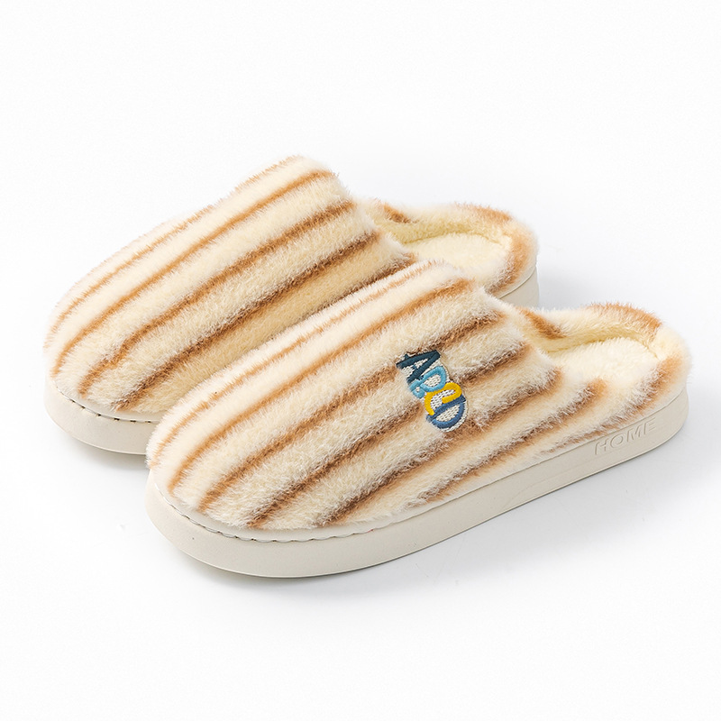 Ins Plush Striped Slippers Winter Warm Letter Embroidered Shoes Fashion Floor Bedroom Home Slipper For Women Men Couples foto 4