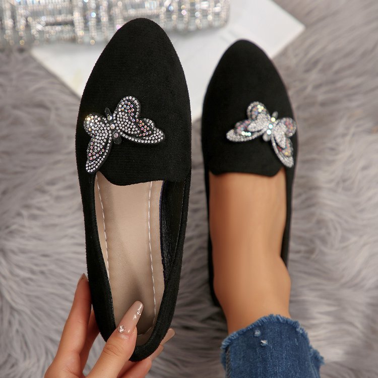 Arrival Black Flat-Heeled Butterfly Shoes Womens Suede Pointed-toe Slip-on Loafers Comfortable Shallow-mouth Pumps foto 5