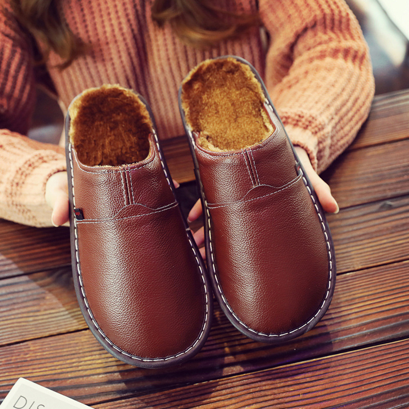 Pure Leather Thermal Cotton Slippers Couple Household Cowhide Waterproof foto 2