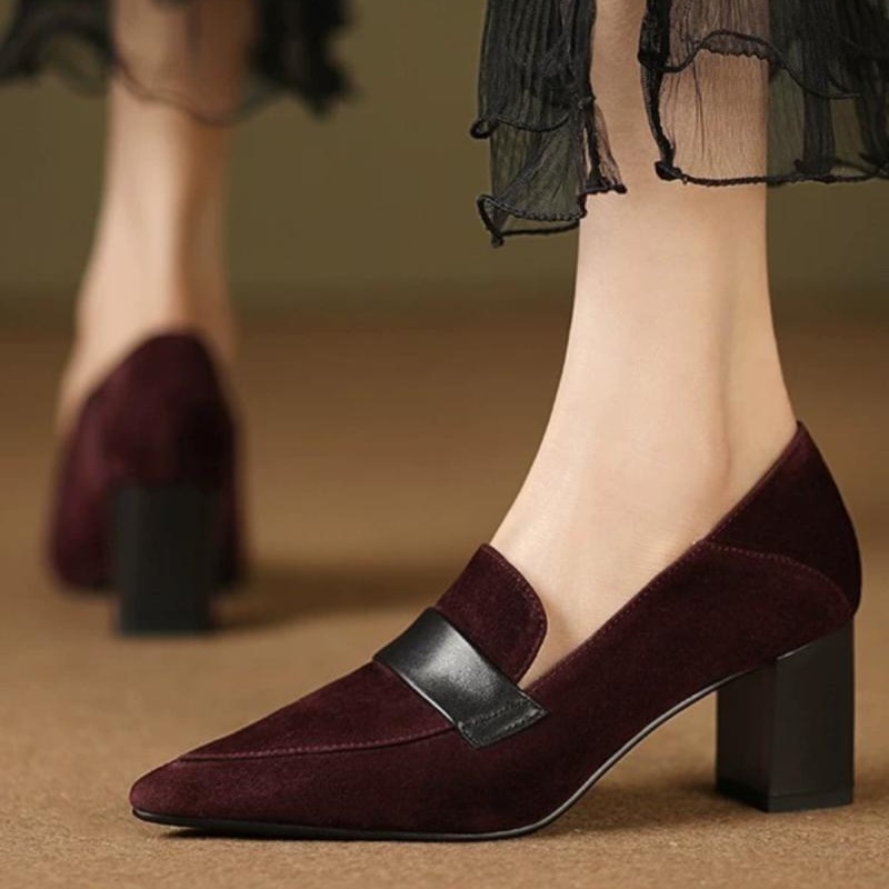 Womens Pointed-toe Loafers Chunky-heel High Heels Work Shoes