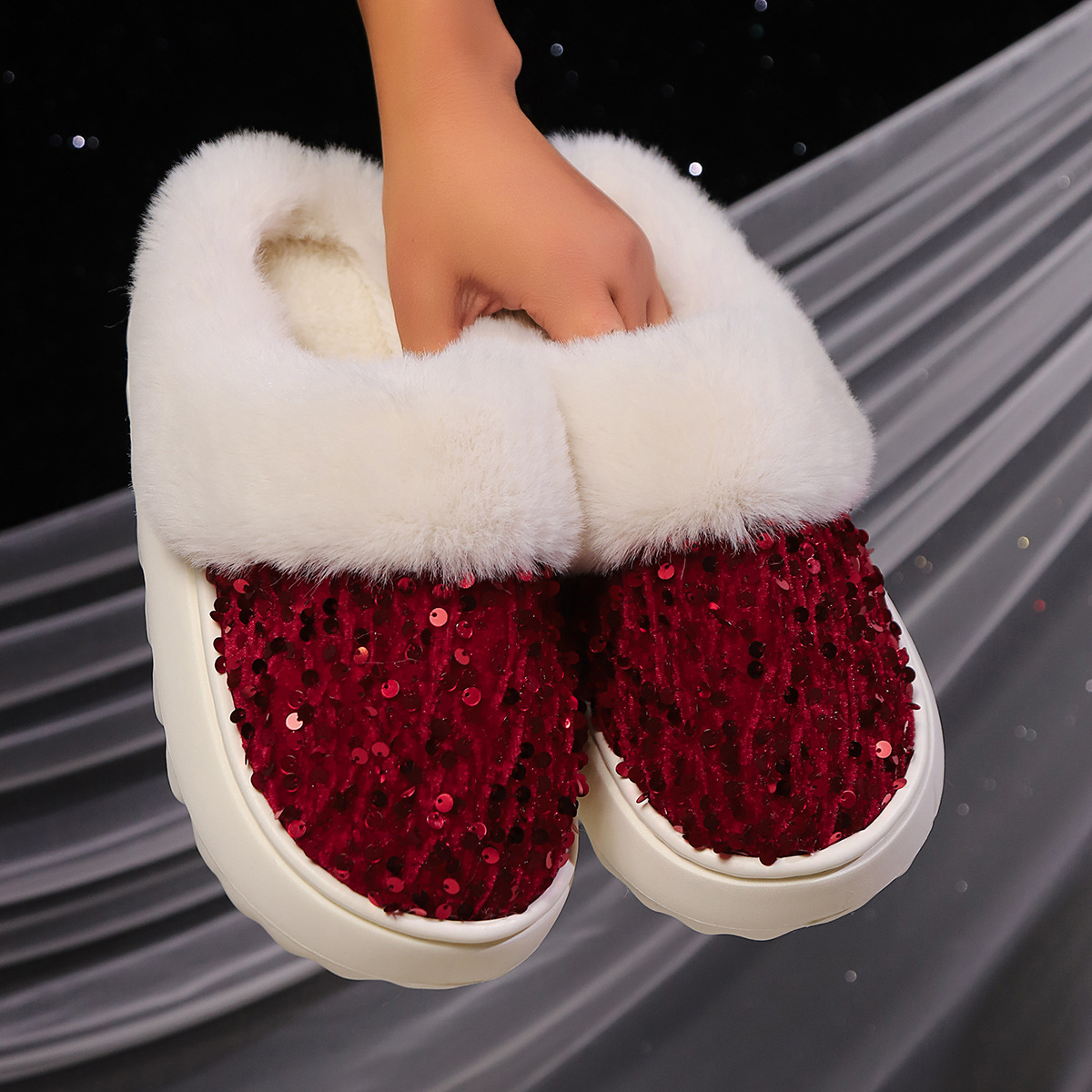 Sequined Large Wool Mouth Plush Toe Cap Cotton Slippers foto 5
