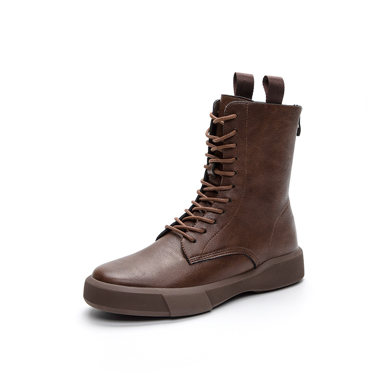 Flat Heel Retro Low Leather Boots Soft Bottom Lace Up Back Zipper foto 3