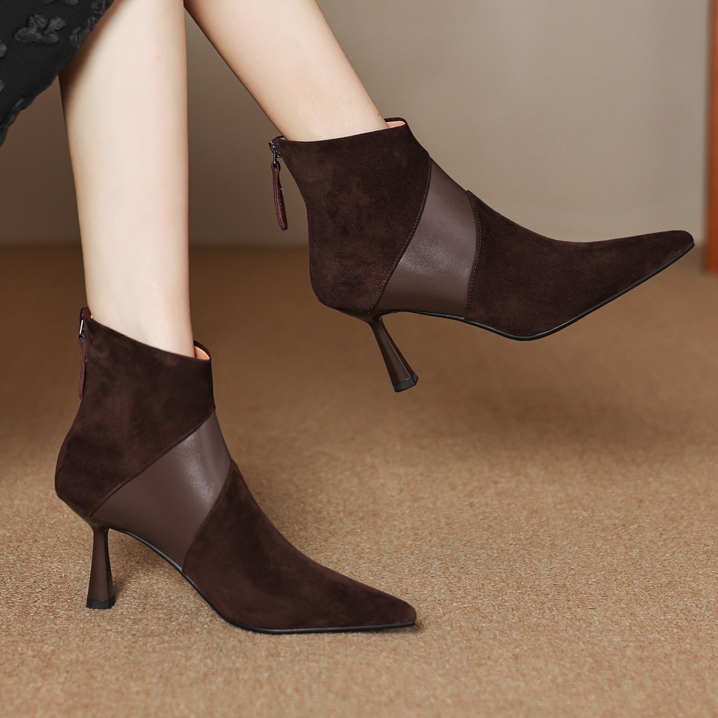 Spliced Short Martin Boots With Genuine Leather And A Slender Heel