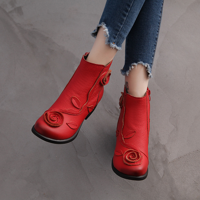 Chunky heel genuine leather ethnic style mid-heel Martin boots, handmade foto 3