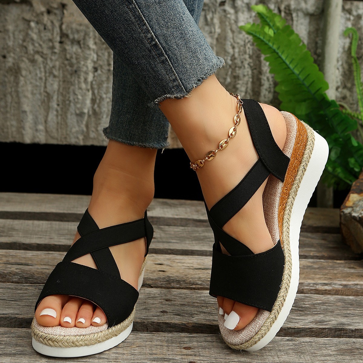 Plus Size Summer Hemp Rope Straw Woven Platform High Heel Open Toe Sandals foto 2
