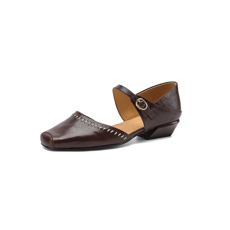 Women's Handcrafted Full-Grain Leather Mary Jane Flats, Square Toe Low Heel Shoes With Contrast Stitching foto 3