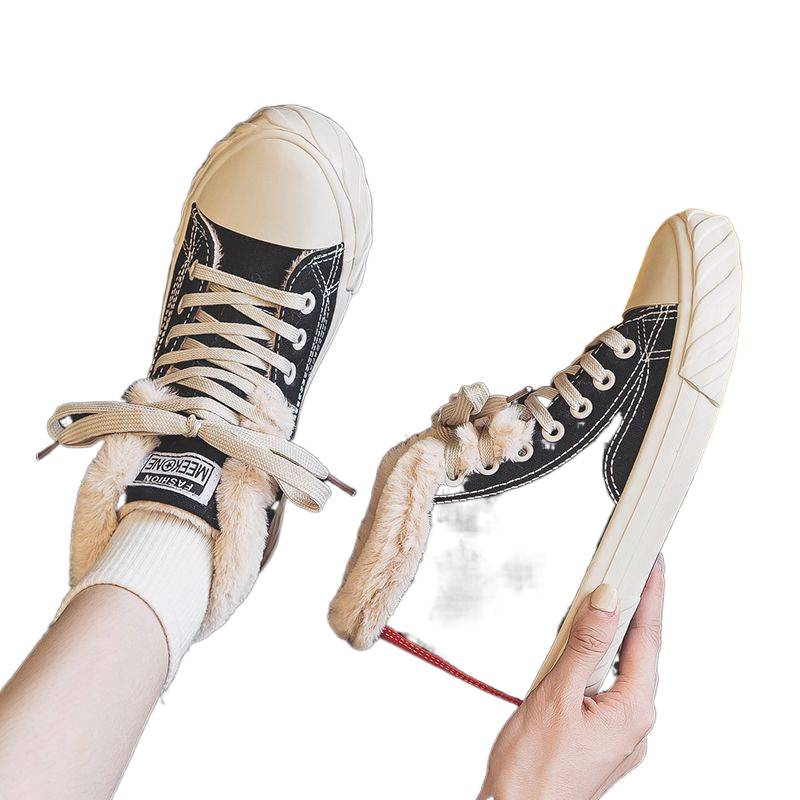 Women's Warm Black Winter Thick Flat High-top With Velvet Canvas Shoes foto 2