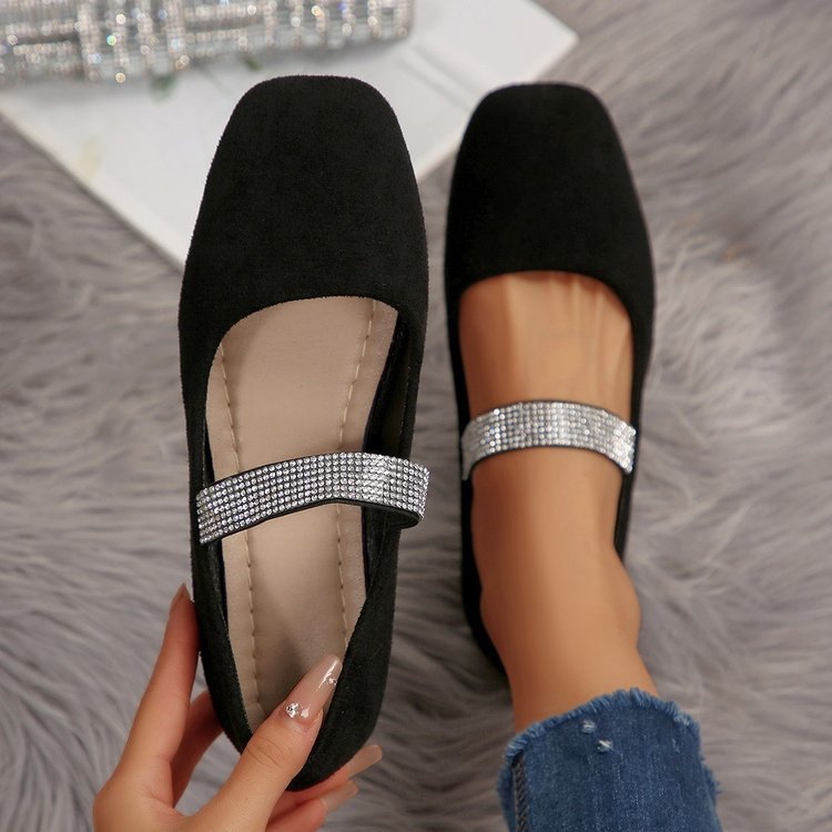 Women's Rhinestone Square-toe Shallow-mouth Suede Flat Shoes foto 2