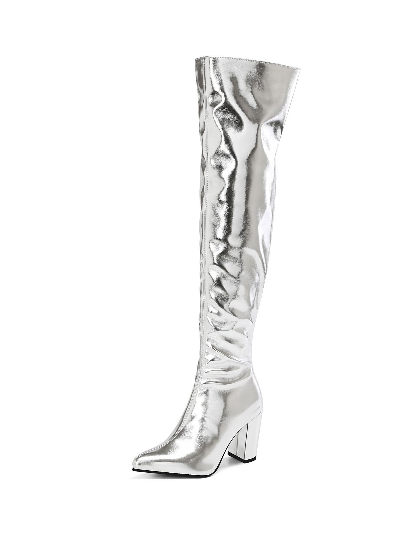 Shiny Gold Patent Leather Chunky-heeled Over-the-knee Boots foto 4