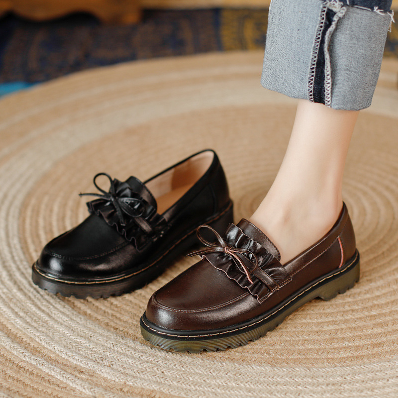 British Style Round Head Chunky Heel Small Leather Shoes For Women foto 4