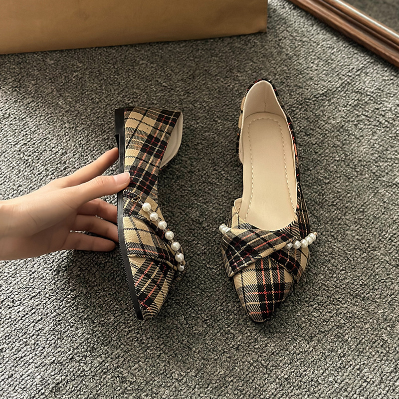 New Vintage Scoop Pointed Beaded Knot Plaid Low Heel Shoes foto 5