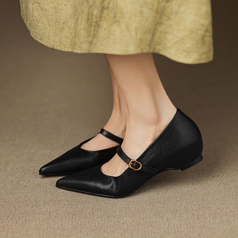 French Retro Sheepskin Pointed Toe Pumps Women's Shallow Mouth