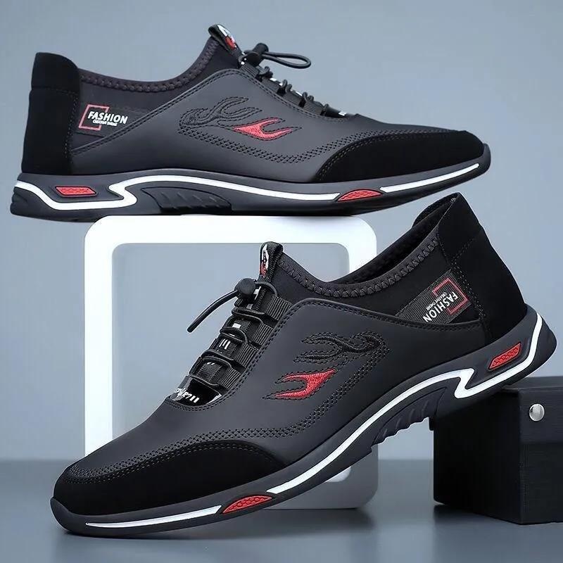 Men's Sports Casual Lace-up Soft Bottom Leather Slip-on Flat Work Shoes foto 3