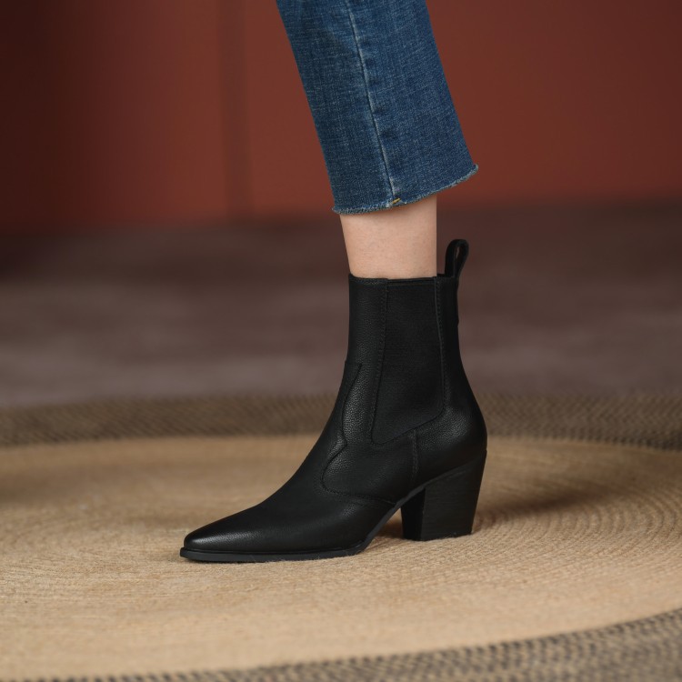 Womens Retro Pointed-toe Ankle Boots With Elastic Band And Chunky Heel foto 2