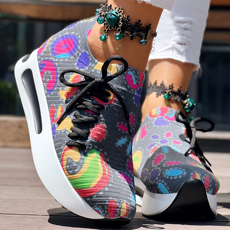Women's Random Print Side Lace-Up Elastic Sport Shoes, Comfortable Slip-On Sneakers For Women, Casual Daily Wear Footwear foto 5
