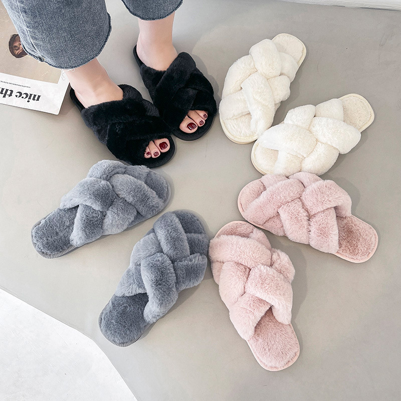 Open Toe Fluffy Slippers Women's Artificial Fur Couple Plush foto 5