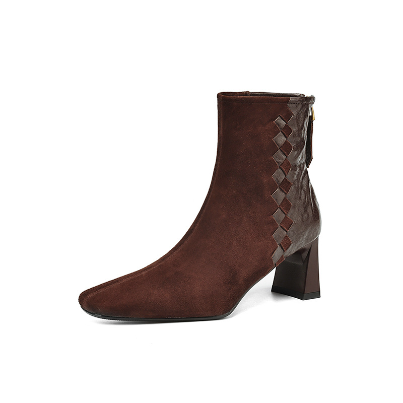 Womens Korean-style Square-toe Leather Chunky-heel Patchwork Ankle Boots foto 3