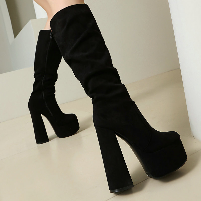 Womens Stretch Suede Waterproof Thick-soled High Heels foto 4