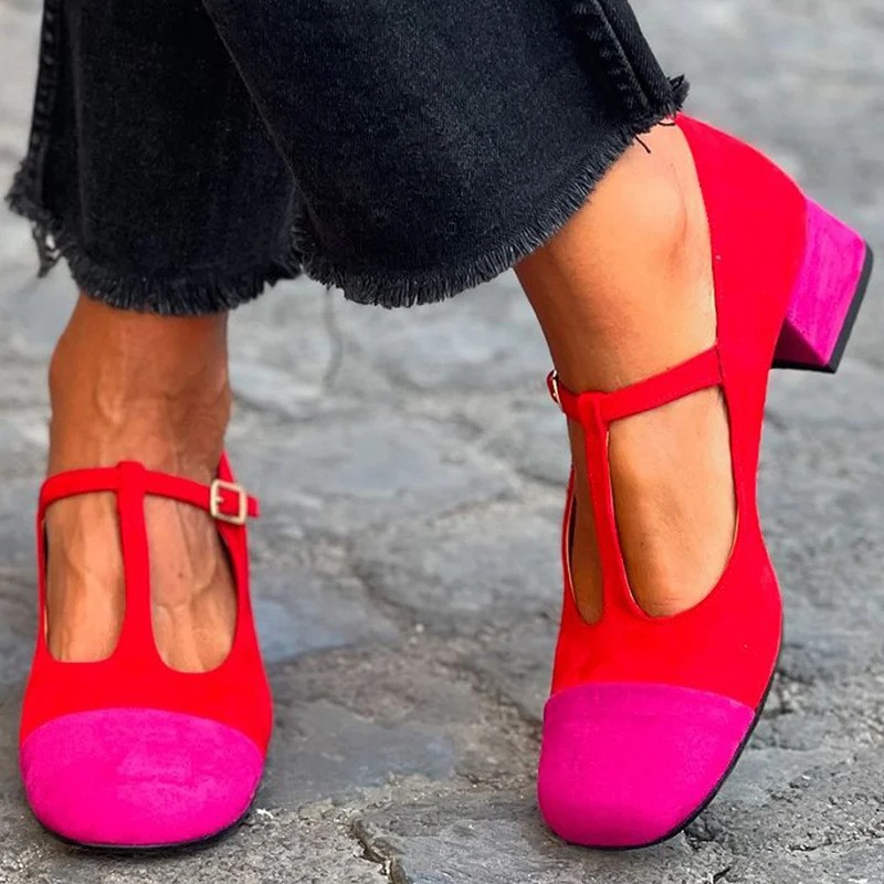 Comfortable Mid Heel Matching T-shaped Buckle With Square Toe Mary Jane Pumps foto 3