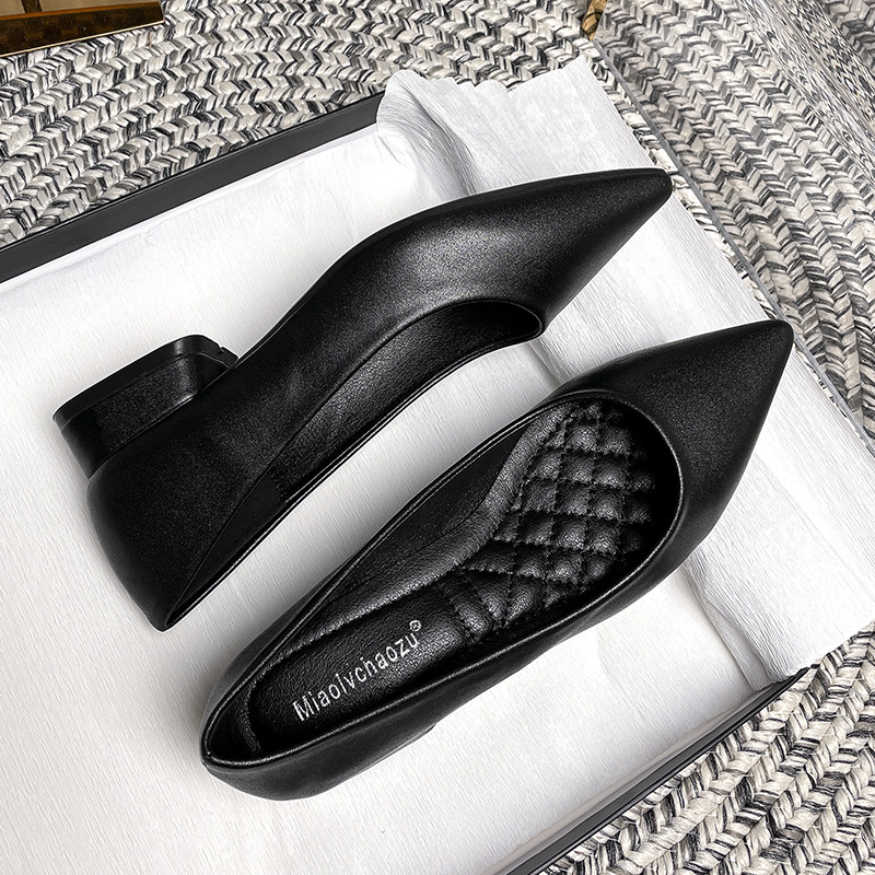 Elegant Low-heeled Black Leather Shoes With A Soft Sole, Chunky Heel, And Pointed Toe, Perfect For Work