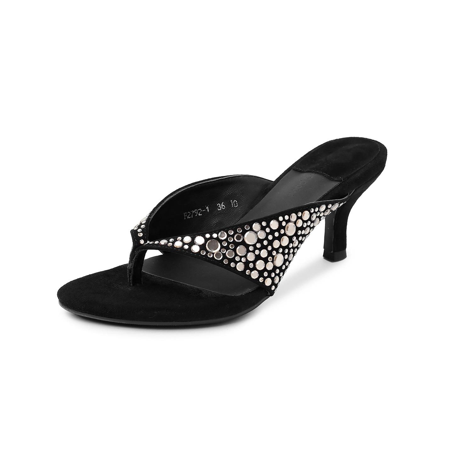 Women's Handmade Suede Rhinestone Kitten Heel Thong Sandals, High Heel Open-Toe Mule Slides With Pigskin Lining & Sheepskin Insole foto 5