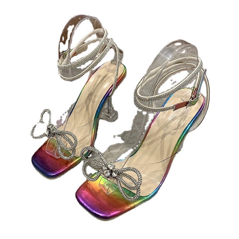 Crystal Clear Wine Glass And Rhinestone Bow Sandals For Women foto 4
