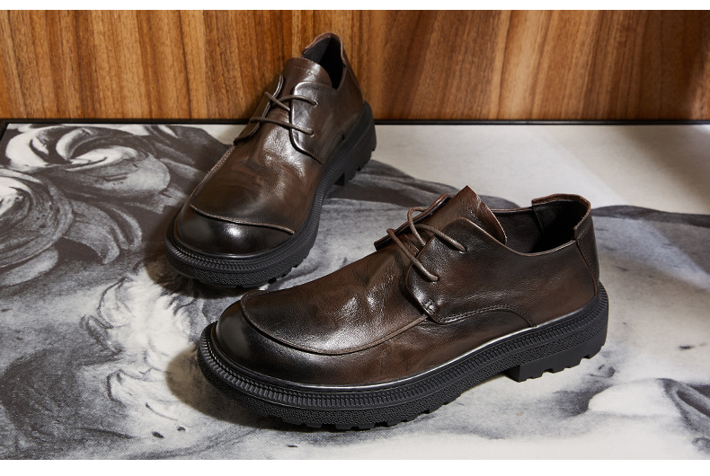 Men's Shoes Leather Round Head Breathable Retro British Casual Leather Shoes foto 5