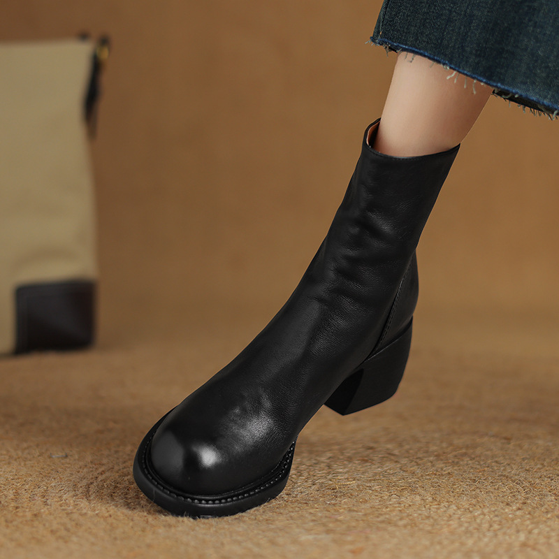 French-Style Retro Brown Round-Toe Ankle Boots