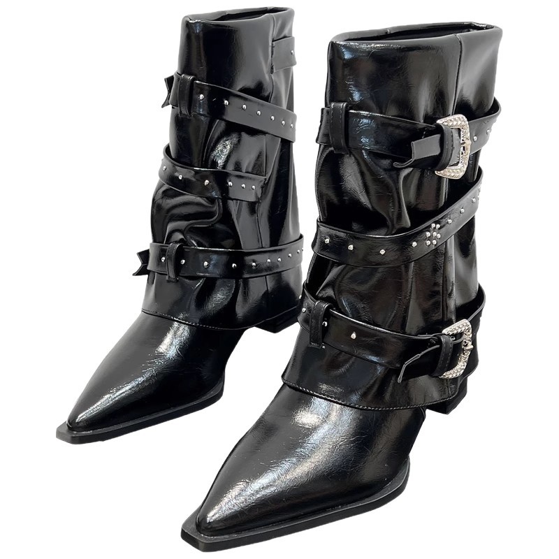 High-heeled Elegant Shaft-style Studded Belt-buckle Fashion Ankle Boots foto 4