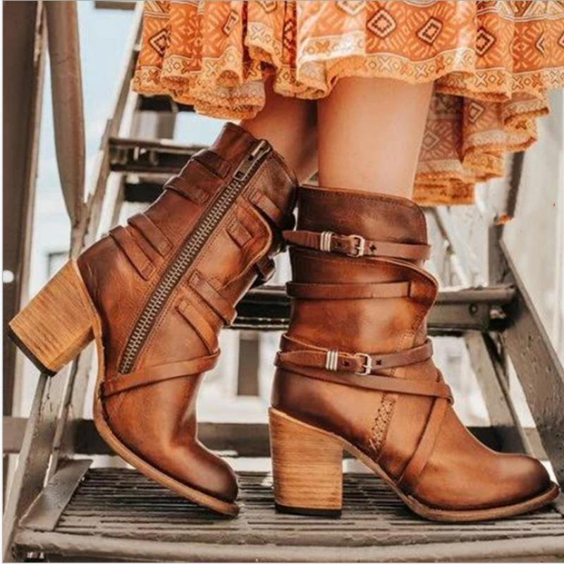 Womens Retro High-Heel Chunky-Heel Side Zipper Ankle Boots With Buckle Details foto 5