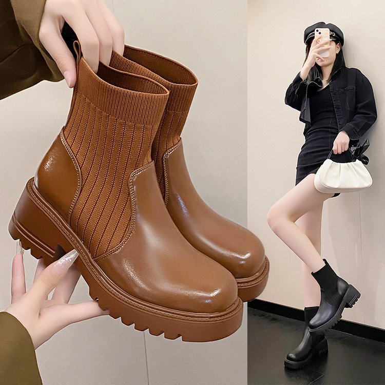 Women's Knitted Patchwork Chunky-sole Square-heeled Booties foto 4